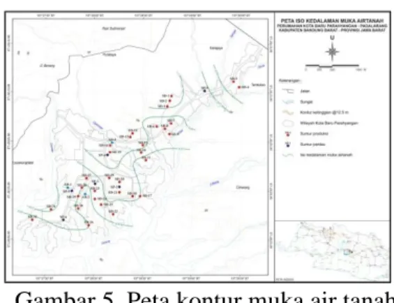 Gambar 5. Peta kontur muka air tanah  di daerah Kota Baru Parahyangan 