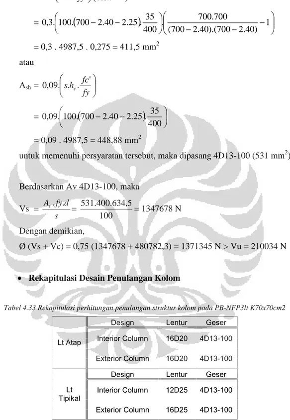 Tabel 4.33 Rekapitulasi perhitungan penulangan struktur kolom pada PB-NFP3lt K70x70cm2