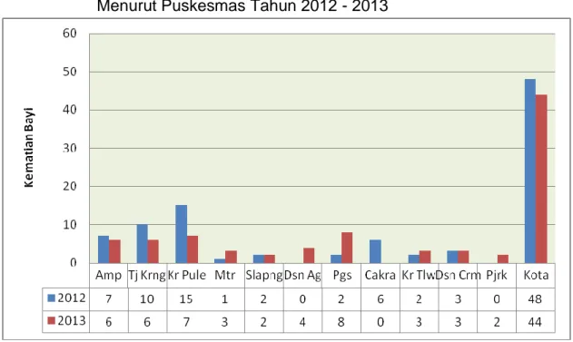 Grafik 3. Distribusi Jumlah Kematian Bayi (AKB) di Kota Mataram                        Menurut Puskesmas Tahun 2012 - 2013 