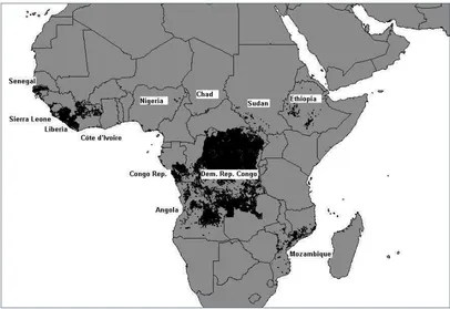 FIgure 1. Forest And ArMed conFlIct AreAs In AFrIcA, 1990–2004 