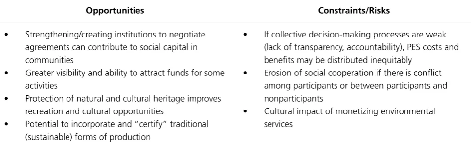 Table 6: Summary of opportunities, constraints, and risks related to social and political assets