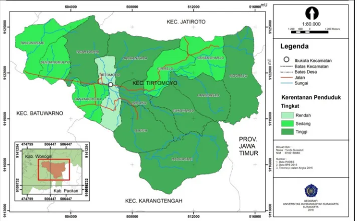 Gambar 5.  Peta Kerentanan Penduduk di Kecamatan Tirtomoyo Kabupaten Wonogiri