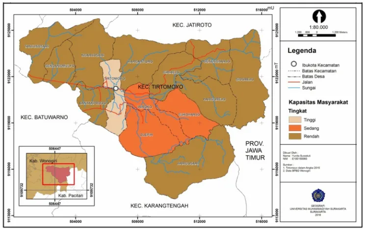 Gambar 6.  Peta Kapasitas Masyarakat di Kecamatan Tirtomoyo Kabupaten Wonogiri