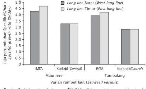Figure 3. Specific growth rate (%/day) of two seaweed straints at the IMTA unit and control in Gerupuk Bay, Central Lombok