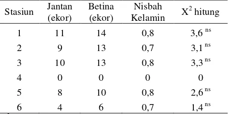 Tabel 5. Nisbah kelamin ikan pelangi merah matang gonad pada masing-masing stasiun penelitian 