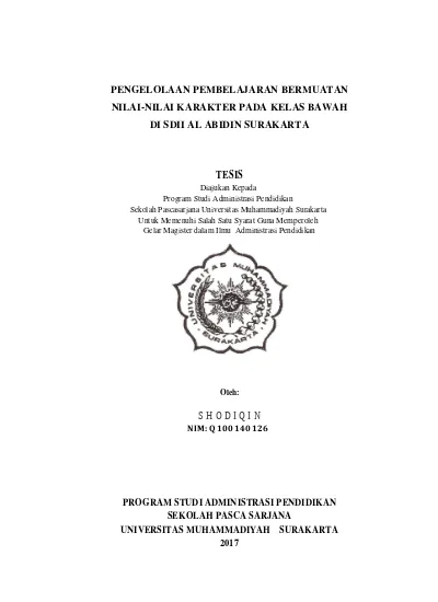 PENGELOLAAN PEMBELAJARAN BERMUATAN NILAI-NILAI KARAKTER PADA KELAS ...