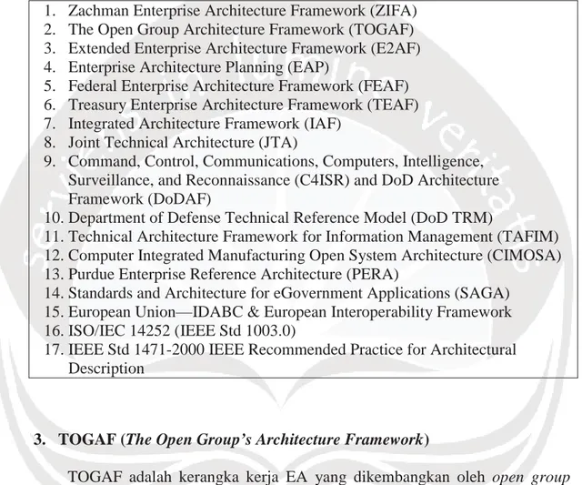 Tabel 2.2 Kerangka Kerja Enterprise Architecture (daftar parsial) (Minoli, 2008)  1. Zachman Enterprise Architecture Framework (ZIFA) 