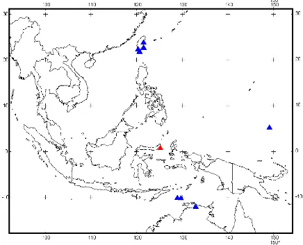 Fig. 4.  Geographic distribution of Cephalopholis igarashiensis Katayama, 1957 in the world represented by blue triangle (position were downloaded from Froese & Pauly (eds.), 2006.) and specimen collected from Bitung, Indonesia represented by red triangle  