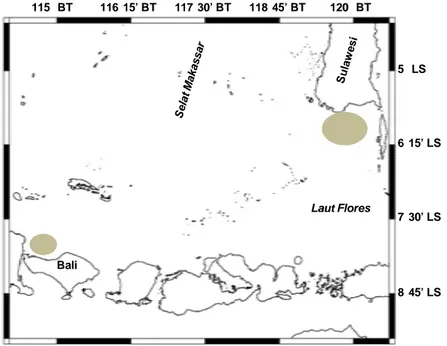 Gambar 1. Lokasi pengumpulan contoh ikan terbang di perairan Selat Makassar dan Bali Utara (bagian yang berwarna abu-abu).