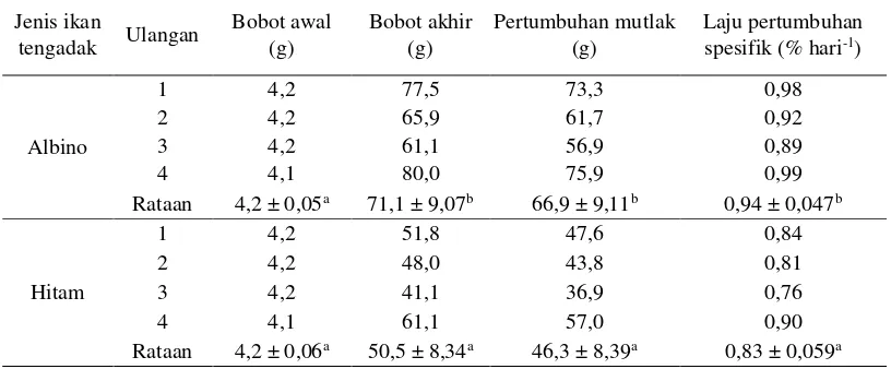 Tabel 1. Pertambahan panjang ikan tengadak albino dan hitam 
