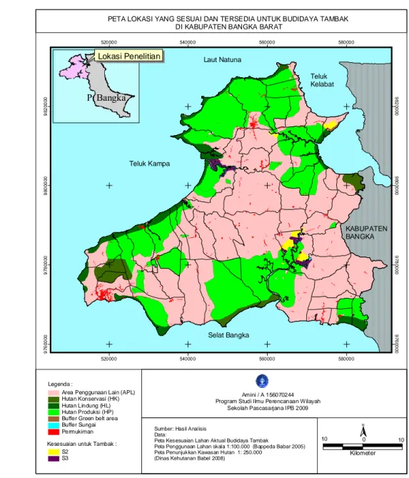 Gambar 11  Peta Lokasi yang sesuai dan tersedia untuk budidaya tambak di  Kabupaten Bangka Barat  