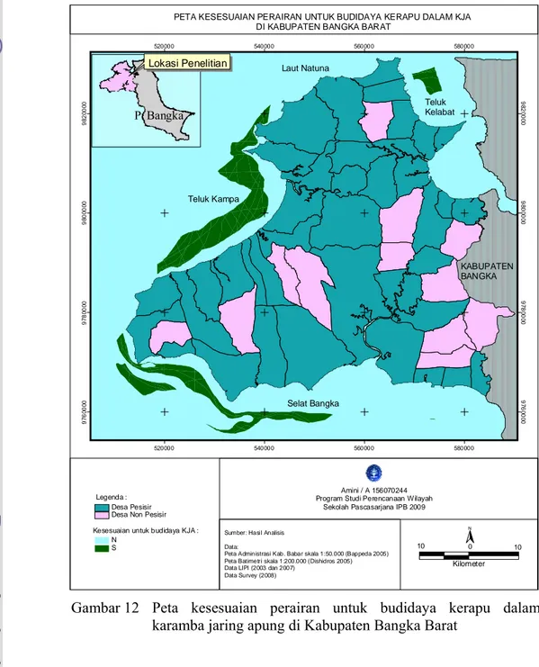 Gambar 12     Peta kesesuaian perairan untuk budidaya kerapu dalam  karamba jaring apung di Kabupaten Bangka Barat 