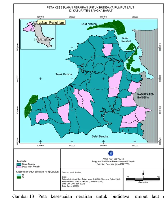 Gambar  13   Peta kesesuaian perairan untuk budidaya rumput laut di  Kabupaten Bangka Barat 