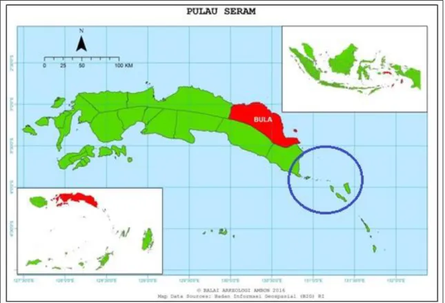 Gambar 1. Peta Wilayah Penelitian, lingkaran biru adalah Waru,   Pulau Geser, dan Pulau Gorom