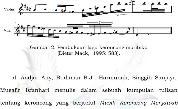 Gambar 2. Pembukaan lagu keroncong moritsku  (Dieter Mack,  1995: 583). 