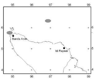 Gambar 1.  Peta lokasi pengambilan contoh (  ) dan perkiraan daerah penangkapan (   ) ikan  banyar (Rastrelliger kanagurta) di perairan utara Aceh (Selat Malaka) 