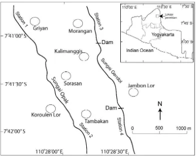 Gambar 1. Peta lokasi sampling berada di sepanjang Sungai Gendol dan hulu Sungai Opak 
