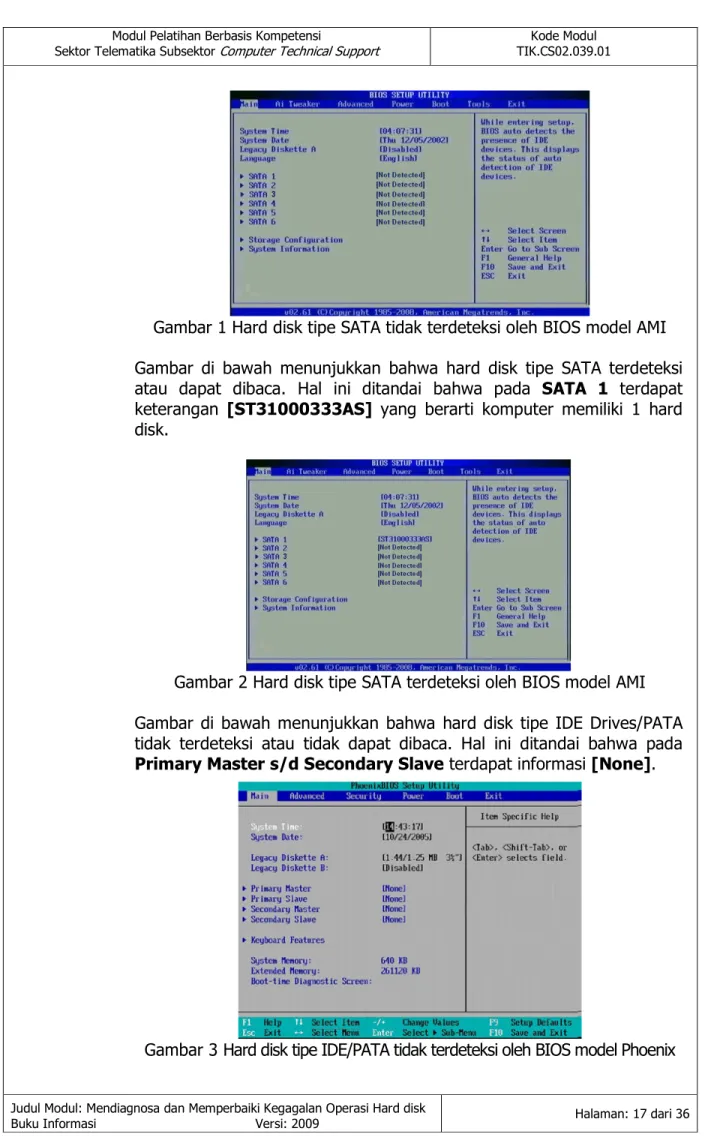 Gambar 1 Hard disk tipe SATA tidak terdeteksi oleh BIOS model AMI  Gambar  di  bawah  menunjukkan  bahwa  hard  disk  tipe  SATA  terdeteksi  atau  dapat  dibaca