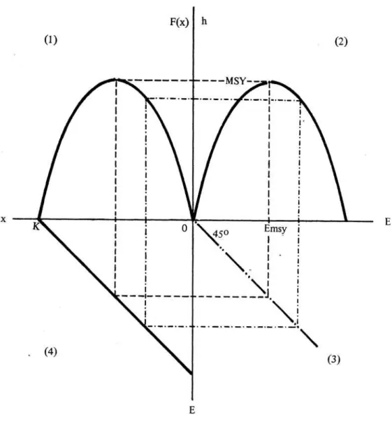 Gambar 1.  Hubungan antara ukuran kelimpahan stok (x), pertumbuhan stok (F (x)), tingkat upaya  penangkapan (E) dan hasil tangkapan (h)