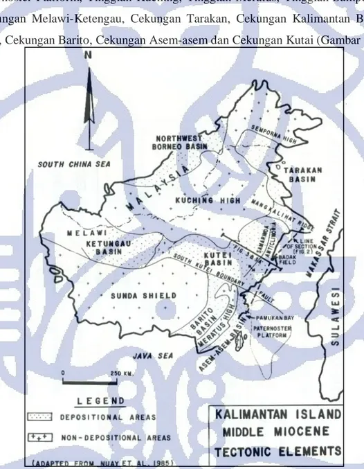 Gambar 2. 1 Kerangka Tektonik Pulau Kalimantan  (Nuay, 1985 op.cit. Oh, 1987)