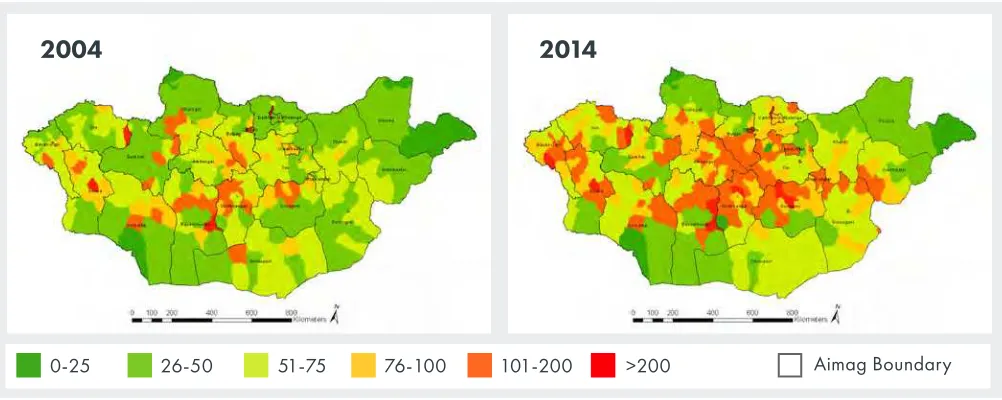 FIGURE 6: PERCENT INCREASE OF FORAGE USE BY LIVESTOCK WITHIN AIMAGS IN MONGOLIA IN 2004 AND 2014.32