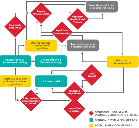 FIGURE 7: A SYSTEMS MAP ILLUSTRATING THE CONNECTIONS BETWEEN SYSTEMIC CONSTRAINTS AND SHOCKS AND STRESSES IN MONGOLIA