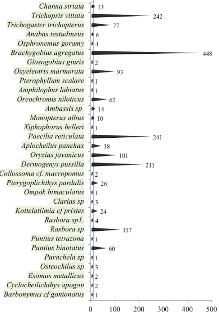 Gambar 6. Perbedaan perolehan jenis, famili dan ordo ikan dari perairan hulu, tengah dan hilir (kiri); perolehan spesies dan jumlah spesimen di danau-danau DAS Cisadane (kanan) 