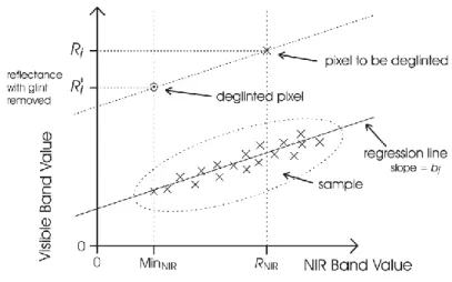Gambar  6  Plot  sampel  nilai  reflektansi  dalam  metode  koreksi  sunglint   yang  dikembangkan  Hedley  (Hedley  et  al