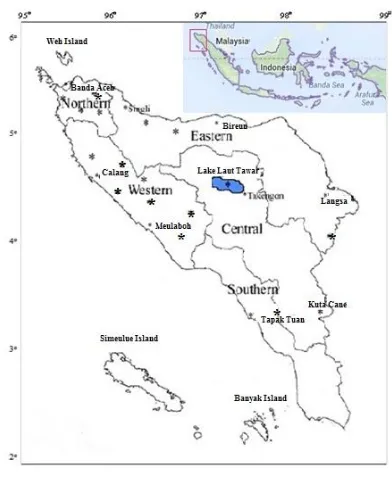 Figure 1. Regions of Aceh Province showing sampling sites (*) and main cities 