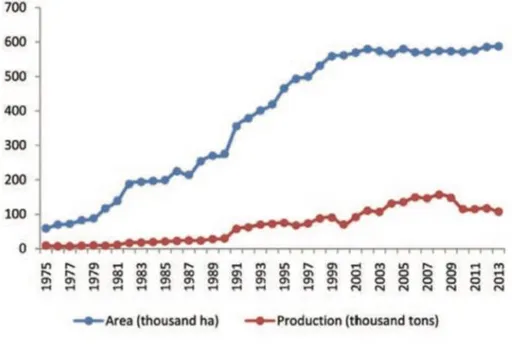 Tabel 8: Trend Daerah &amp; Produksi Kacang Mete Mentah di Indonesia (1975-2013) 