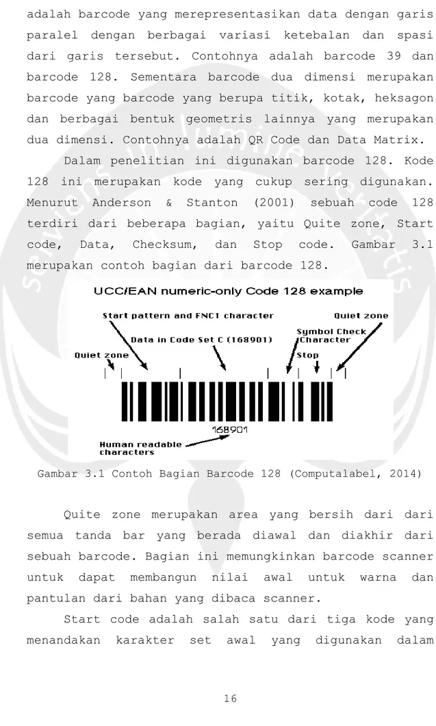 Gambar 3.1 Contoh Bagian Barcode 128 (Computalabel, 2014) 