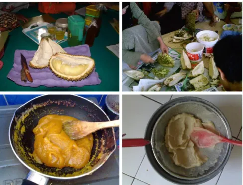 Gambar 2.2. Durian, pengupasan kulit, dan hasil olehan dari kulit  durian 