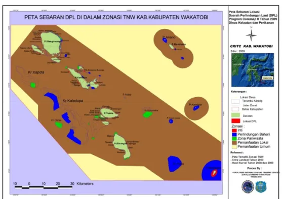 Gambar 10. Peta Zonasi dan Sebaran Daerah Perlindungan Laut di Taman Nasional Laut Wakatobi (Sumber: Coremap II)