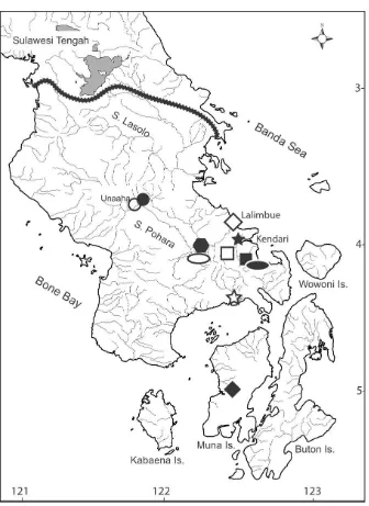 Figure 2. Sulawesi Tenggara collecting localities. A symbol may represent more than one station: 