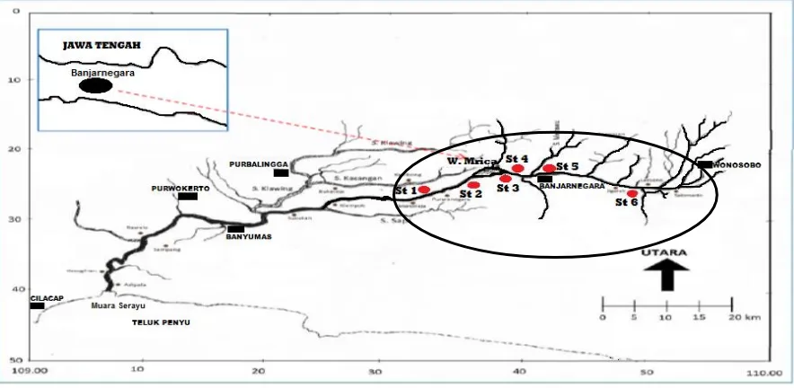 Gambar 1. Lokasi sampling penelitian dengan enam stasiun di Sungai Serayu (Zona atas (St