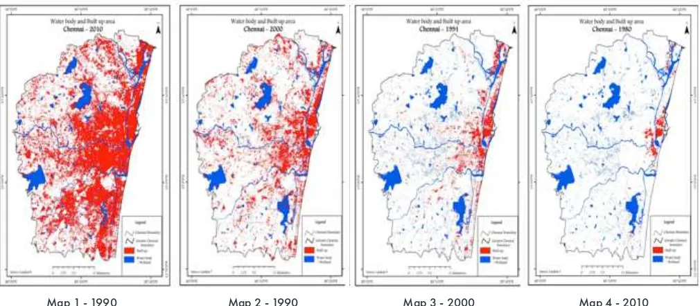 Figure 3: Water body and built-up area map of Chennai in 1980, 1990, 2000 and 2010 Source: Ongoing research program on urban ecology, initiated in 2015, Care Earth Trust, Chennai.