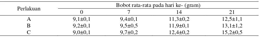 Tabel 1. Bobot rata-rata ikan rainbow kurumoi (Melanotaenia parva) selama masa pemeliharaan 