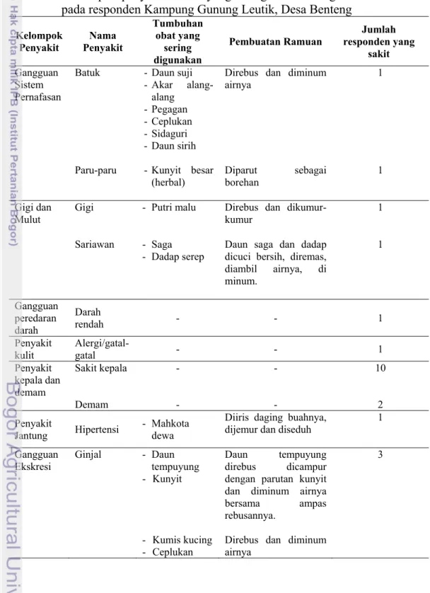 Tabel 18  Kelompok penyakit umum yang sering diobati dengan tumbuhan obat  pada responden Kampung Gunung Leutik, Desa Benteng 