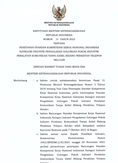 LAMPIRAN KEPUTUSAN MENTERI KETENAGAKERJAAN REPUBLIK INDONESIA NOMOR 56 ...