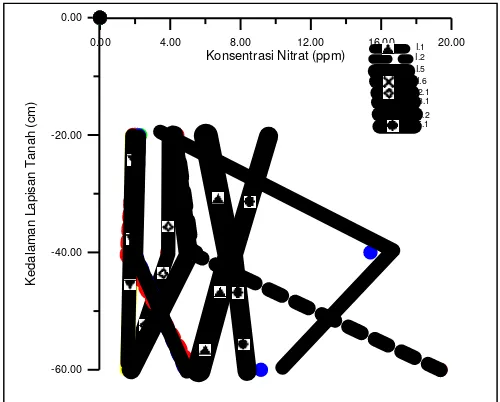 Gambar 1. Pola konsentrasi nitrat pada lapisan tanah pada kedalaman 0 cm sampai 60 cm                                       di daerah penelitian  