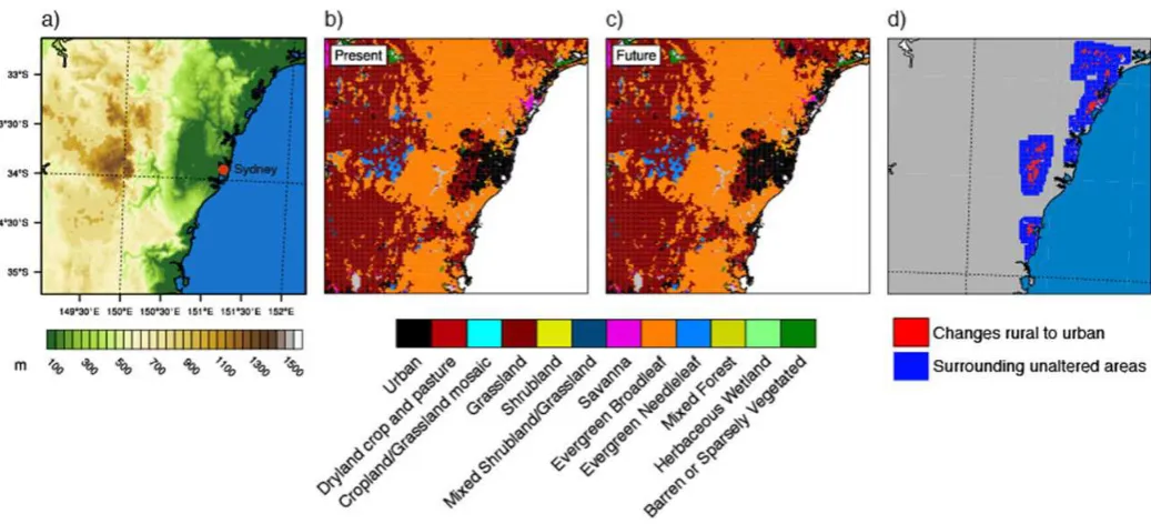 figure 1. a) Model domain and topography. b) Present land use categories. c) future land use categories