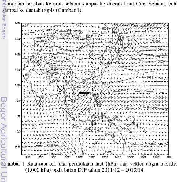 Gambar  1  Rata-rata  tekanan  permukaan  laut  (hPa)  dan  vektor  angin  meridional  (1.000 hPa) pada bulan DJF tahun 2011/12 – 2013/14