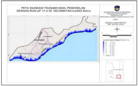 Gambar 6. Peta inundasi tsunami hasil pemodelan dengan run-up 25 m di Kecamatan Gantarang