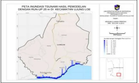Gambar 8. Peta inundasi tsunami hasil pemodelan dengan run-up 25 m di Kecamatan Ujungbulu.