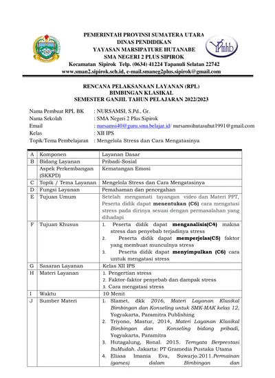 RENCANA PELAKSANAAN LAYANAN (RPL) BIMBINGAN KLASIKAL SEMESTER GANJIL ...