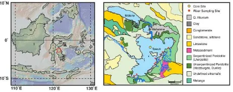 Gambar 1. Left: Indo-Paciﬁc Warm Pool region map. Right:Geological map of Malili Lake Complex [Costa et al, 2015]