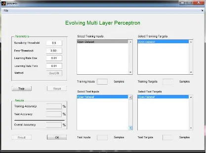 Gambar 4.3 Tampilan menu evolving Multilayer Perceptron (eMLP) 