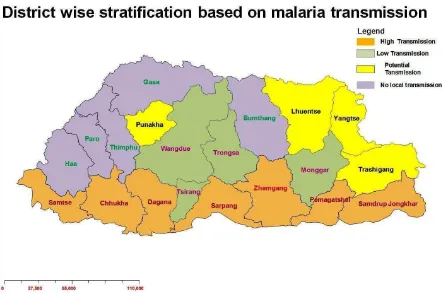 Figure 10: Stratification map of malaria risk in Bhutan, by dzongkhag 