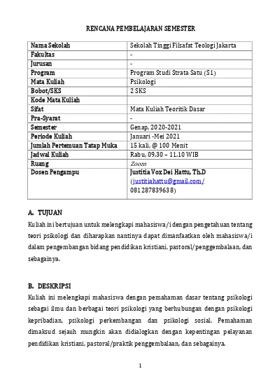 RENCANA PEMBELAJARAN SEMESTER. Sekolah Tinggi Filsafat Teologi Jakarta ...