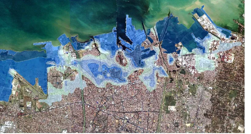 Figure 2.8 (a) shows a simulation of sea water inundation over next 100 years in Semarang City